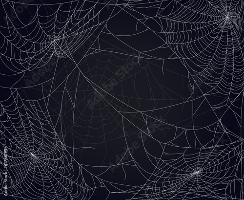 Cobweb spooky background. Halloween scary, horror decoration, sticky Halloween spider web design. Flat vector backdrop illustration