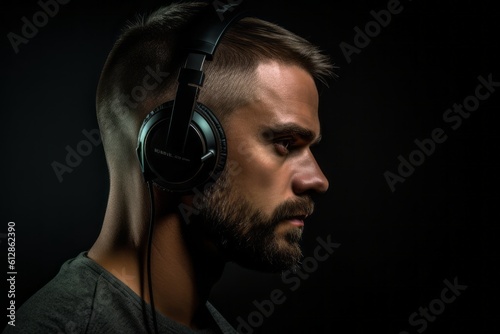 Lifestyle portrait photography of a tender boy in his 30s listening to music with headphones against a matte black background. With generative AI technology