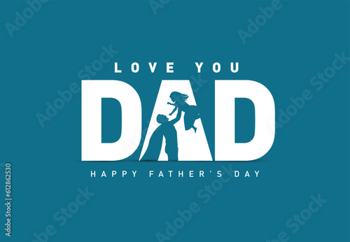 Happy Father's day concept vector background. Happy Father's Day and silhouette of father and child on background of adventure landscape. Father and son with text happy father's day.