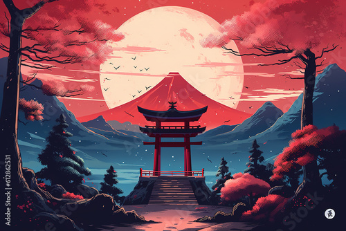 illustration of torii with Fuji mountain and milky way as background