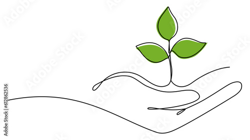 Hand holding leaves continuous line drawing. Plant branch in human arm one line art. Vector illustration isolated on white.