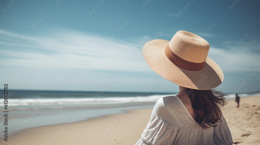 Summer travel background concept. Back of view Happiness woman siting on beach raise hands up to blue sky. Hello vacation.