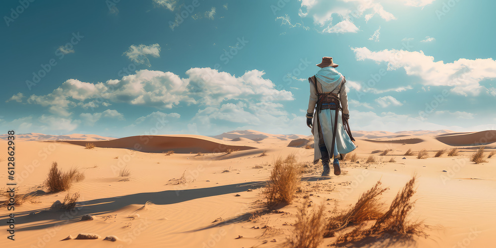 A view from the back of a man in a cloak walking in the desert. Minimalist landscape of sand dunes and summer sky. Huge wilderness on a hot day. Generative AI photo imitation.