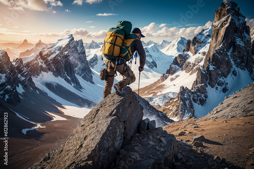 Rule of thirds, Adventurous hiker climbing a mountain: hiking, adventure, mountain, nature, outdoors, trekking, wilderne photo