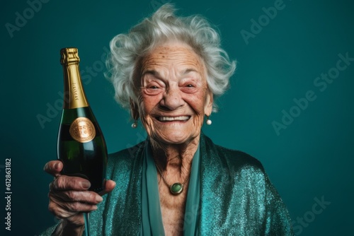 Headshot portrait photography of a beautiful old woman uncorking a bottle of champagne against a teal blue background. With generative AI technology photo