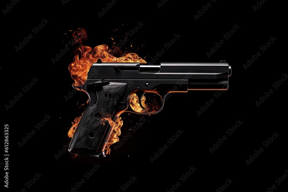 black gun on fire concept - obrazy, fototapety, plakaty 