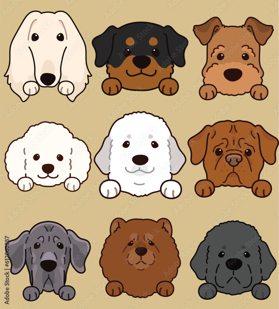 Set of cute and simple dog heads illustrations with front paws Set of cute and simple dog heads illustrations with front paws
