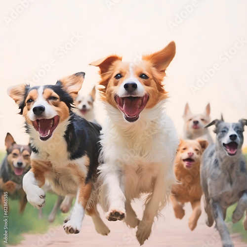 Lots of dogs run merrily towards the camera. Dogs run fast and smile. Corgis are white and brown. Dog ears. Muzzle of a dog. The dog is man s best friend.