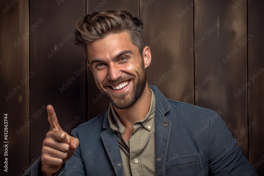 Headshot portrait photography of a happy boy in his 30s raising a finger as if having an idea against a rustic brown background. With generative AI technology
