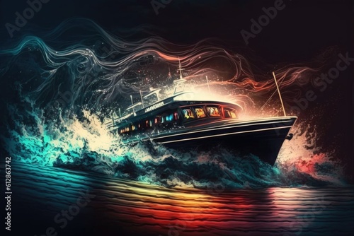 A boat at sea during a night storm