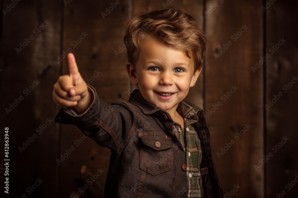 Lifestyle portrait photography of a joyful boy in his 30s raising a finger as if having an idea against a rustic brown background. With generative AI technology Lifestyle portrait photography of a joyful boy in his 30s raising a finger as if having an idea against a rustic brown background. With generative AI technology