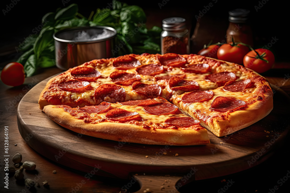 pizza de peperoni sobre tabla de madera y fondo desenfocado al estilo de la fotografia de comida oscura. Ilustración de Ia generativa
