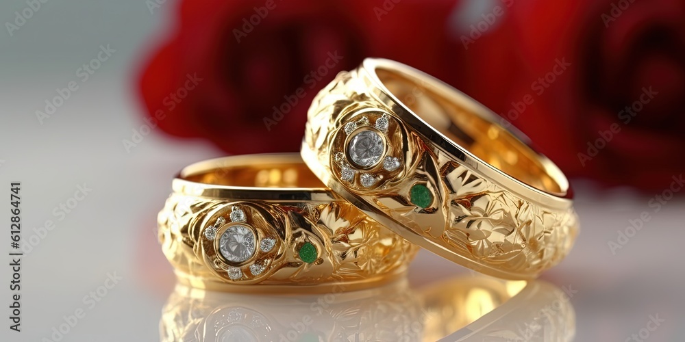 Closeup Gold Wedding rings with beautiful diamond 