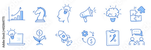 Business idea, startup doodle line icon set. Hand drawn doodle sketch line style business strategy, finance goal concept. Rocket, target, brain cute element. Vector illustration