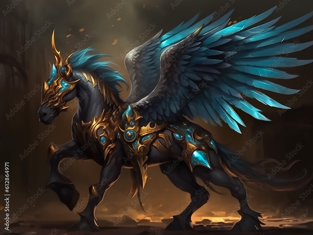 Dark pegasus, horse with wings, with armor,Generative AI