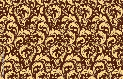 Flower pattern. Seamless gold and brown ornament. Graphic vector background. Ornament for fabric, wallpaper, packaging