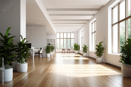 an office with wood desks and glass walls, in the style of high detailed, grey academia, wood, photo-realistic landscapes, vintage minimalism, light silver and light brown © Miracle