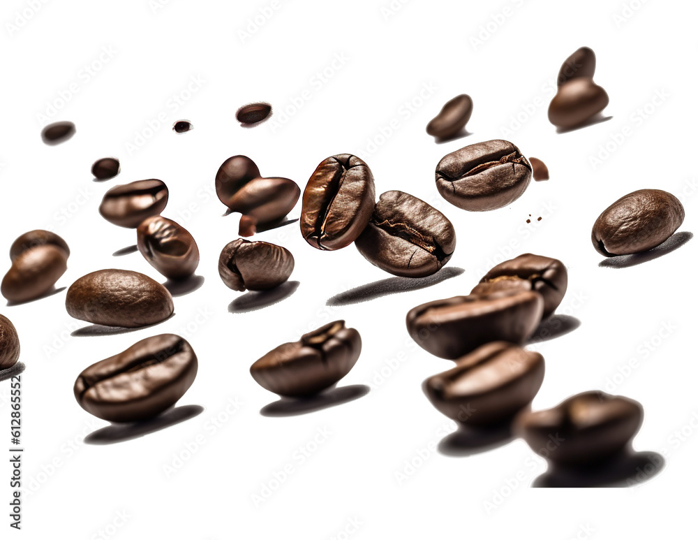 arabica coffee beans flying randomly with a transparent background