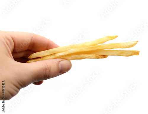 a hand holding one long french fries with a transparent background