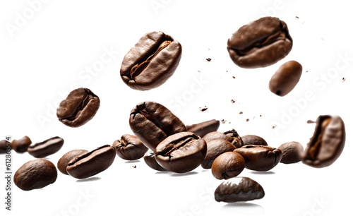 a bunch of flying arabica coffee beans on a transparent background
