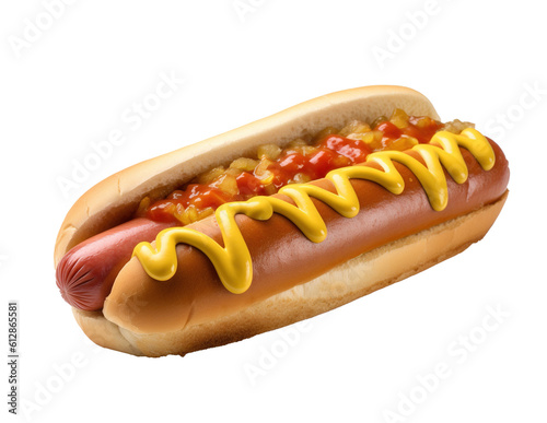 Juicy Hot Dog with Classic Toppings of Ketchup and Mustard on Transparent Background