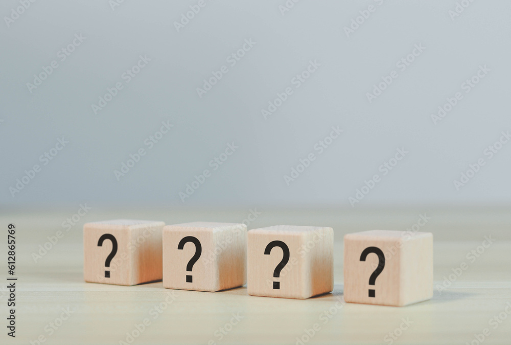 Question mark, Confused, Thinking, Brainstorming or Decision, Problem Solving, Finding Answer, Question. Marked words in wooden blocks on table top.
Question mark, Confused, Thinking, Brainstorming or Decision, Problem Solving, Finding Answer, Question. Marked words in wooden blocks on table top.