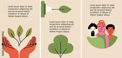 Set of conceptual ESG flyer, brochure. Template collection about environmental, social governance and  sustainability. Vector illustration in flat style