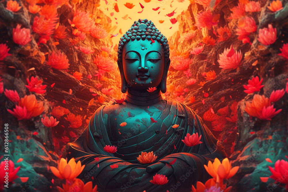 Buddha statue among red flowers, generative ai