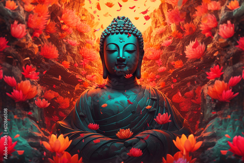 Wallpaper Mural Buddha statue among red flowers, generative ai Torontodigital.ca