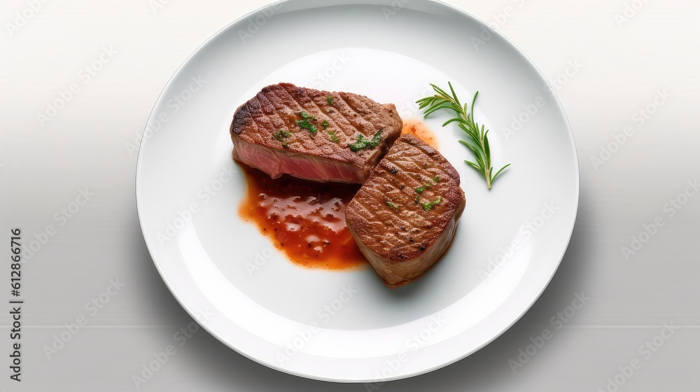 Two Beef steak with tyme on white plate Two Beef steak with tyme on white plate