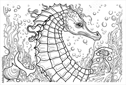 Deep sea horse coloring page. cartoon seahorse portrait linear illustration for coloring book.