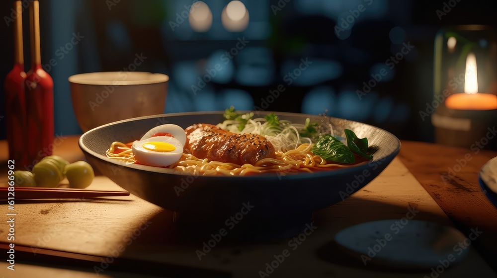Bowl of spicy ramen on the kitchen counter or on the restaurant table Bowl of spicy ramen on the kitchen counter or on the restaurant table
