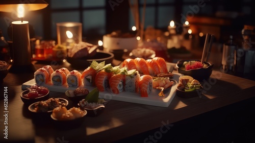 mixed sushi plates on the kitchen or restaurant tables for advertisement promotion