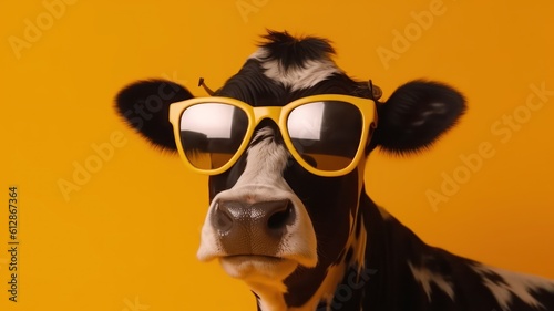Funny cow with sunglasses in front of yellow studio background. Generative AI © Unionproject