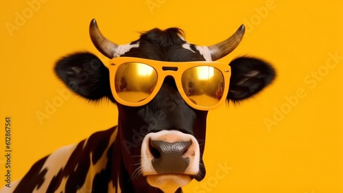 Funny cow with sunglasses in front of yellow studio background. Generative AI © Unionproject