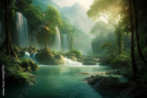 Illustration of beautiful fantasy river in lush jungle with waterfalls, Generative AI