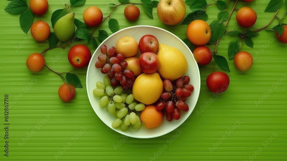 Seasonal fruits on the plate on the green background Seasonal fruits on the plate on the green background