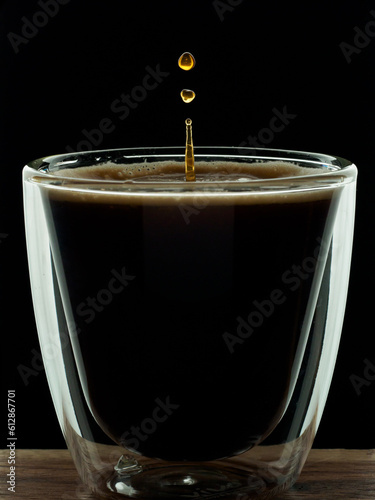 coffee translucid glass with droplet on wood surface and black background