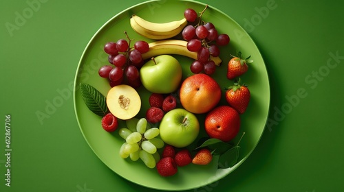Fresh fruits on the plate on the green background