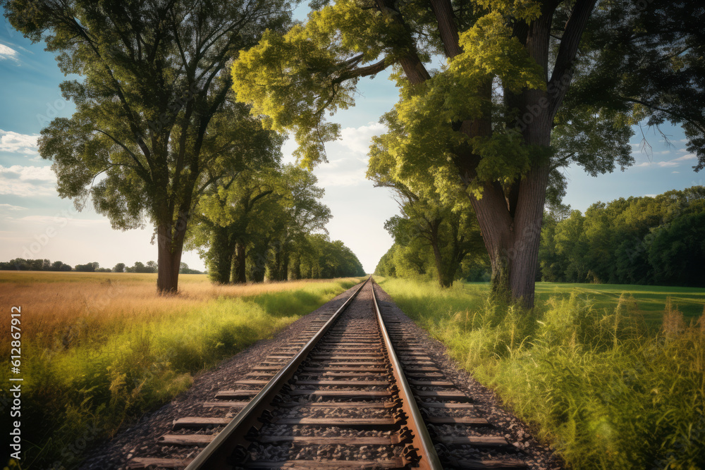 Fototapeta premium Railroad tracks going through a meadow in the countryside on a beautiful summer afternoon. Train travel concept.