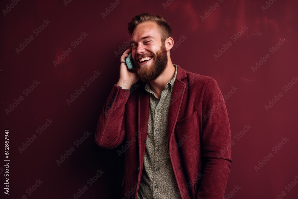 Medium shot portrait photography of a happy boy in his 30s talking on the phone against a rich maroon background. With generative AI technology Medium shot portrait photography of a happy boy in his 30s talking on the phone against a rich maroon background. With generative AI technology