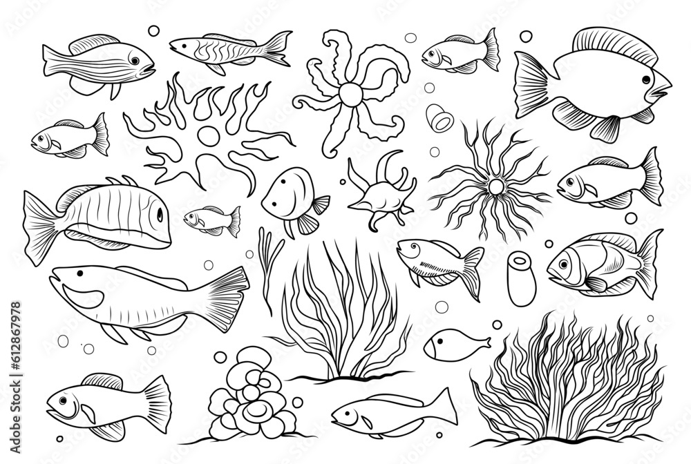 Obraz premium Underwater life coloring page. cartoon elements of the seabed linear illustration for coloring