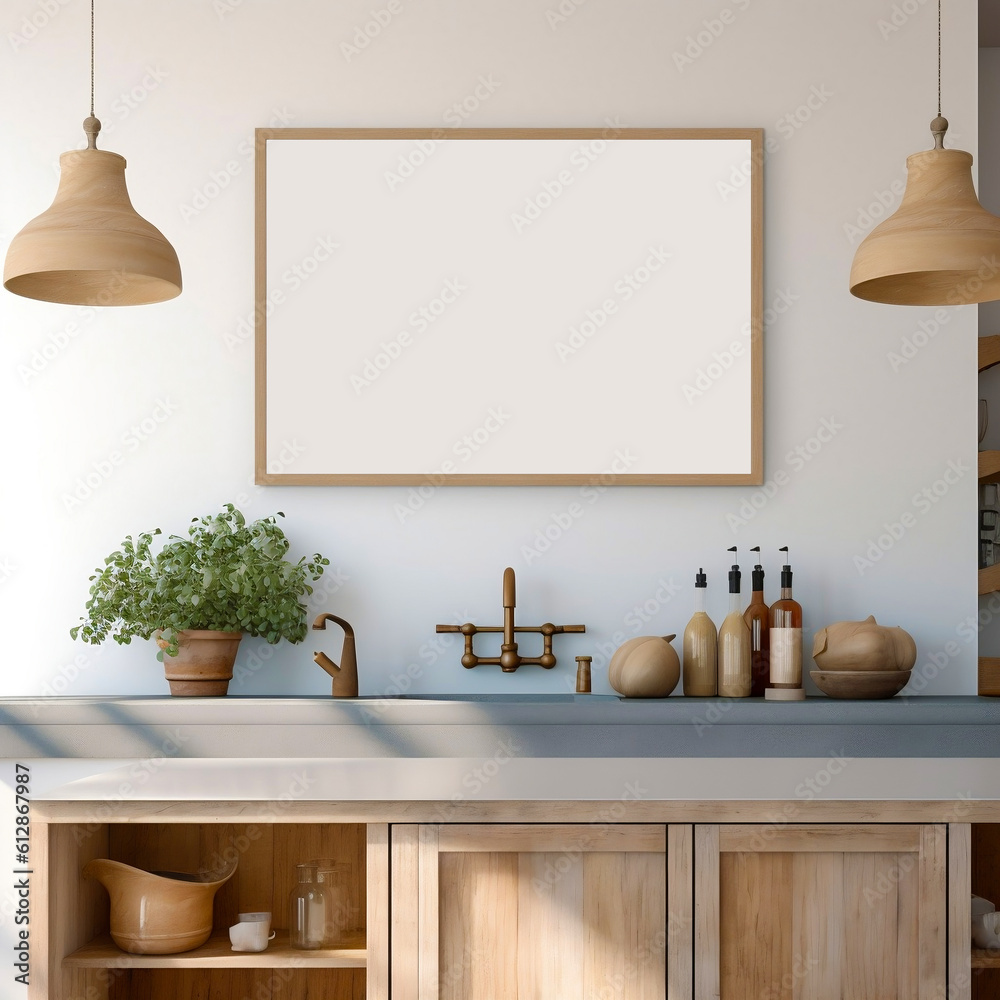 Mock up poster frame in kitchen interior, horizontal blank kitchen wall art frame mockup for wall decor, farmhouse style, wooden counter, white frame on grey wall, contemporary kitchen.generative ai Mock up poster frame in kitchen interior, horizontal blank kitchen wall art frame mockup for wall decor, farmhouse style, wooden counter, white frame on grey wall, contemporary kitchen.generative ai