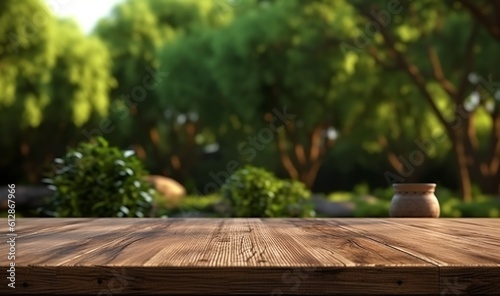 Wood table with blurred trees of park background, product display montage, generative ai