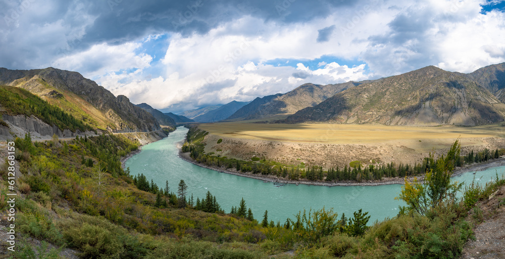 Panoramic view of the Katun river and Altai mountains. Altai Republic, Siberia, Russia.