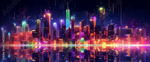 the illusionary night cityscape with vibrant purple and pink tones, featuring a digital line network and web effect. A captivating blend of reality and fantasy. generative AI.