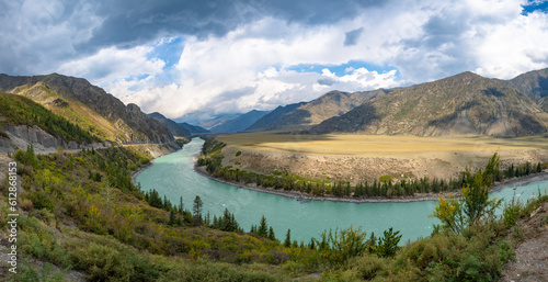 Panoramic view of the Katun river and Altai mountains. Altai Republic, Siberia, Russia.