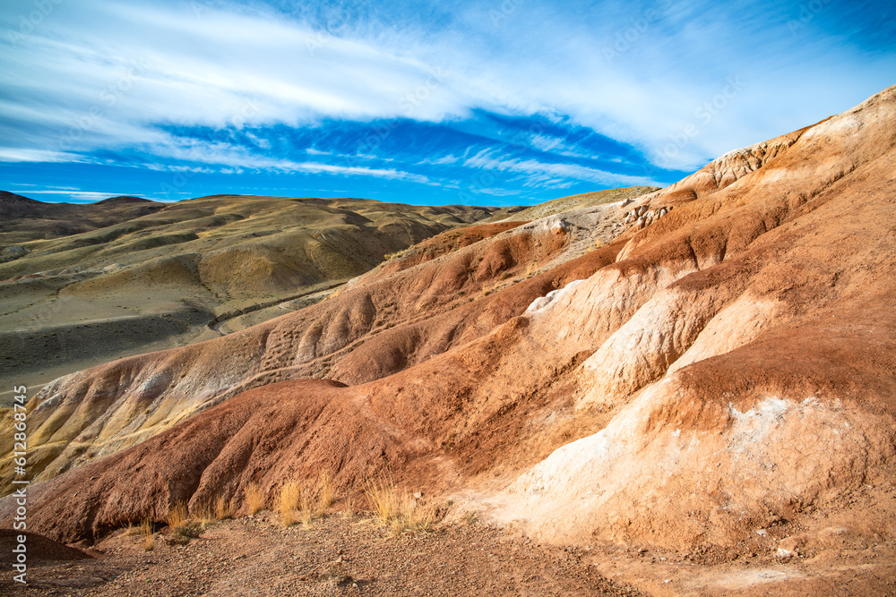 Martian landscape, multi-colored mountains of Kyzyl-Chin, Republic Altai, Siberia, Russia.. Martian landscape, multi-colored mountains of Kyzyl-Chin, Republic Altai, Siberia, Russia..