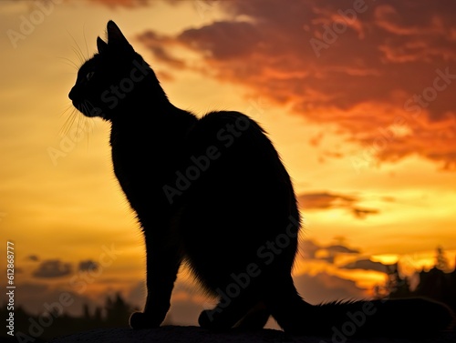 Cat Silhouette Against Sunset Sky -ai generated