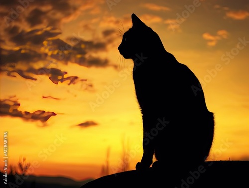 Cat Silhouette Against Sunset Sky -ai generated